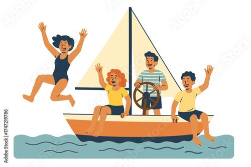 Fiends enjoying themselves on a sailboat and jumping into the water