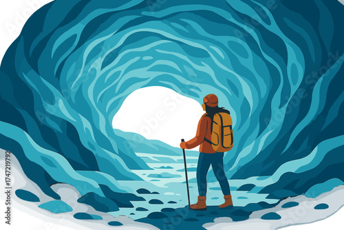 A solo female adventure traveler is discovering the ice caves at Vatnajökull Glacier near Jokulsárlón Glacier Lagoon in Iceland, experiencing tourism in the abandoned country while enjoying outdoor