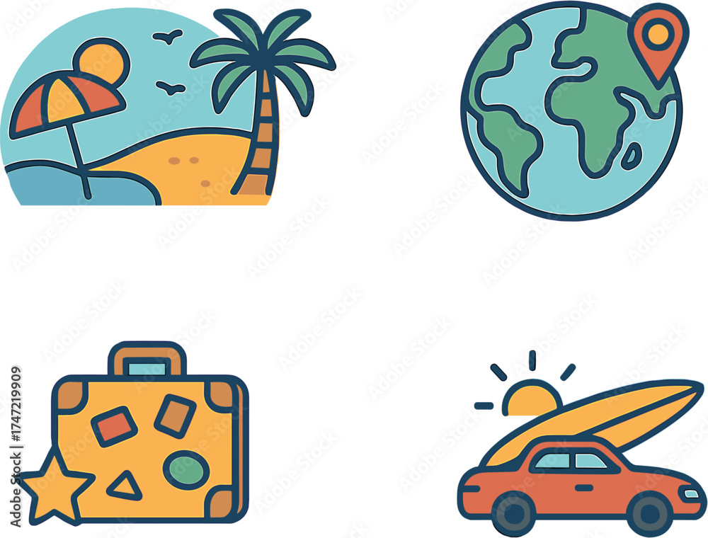 Obraz premium Travel set with emblems, summer vector illustrations, and design