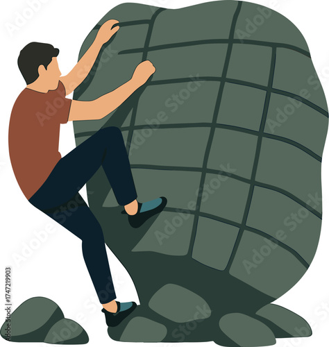 A man is bouldering on a grid stone in the Peak District, UK