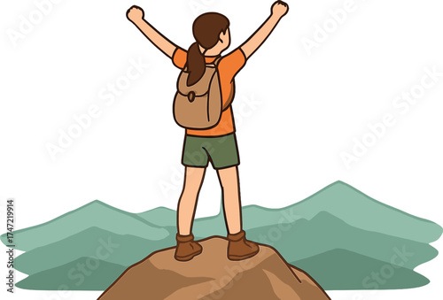 A young girl stands atop a mountain, raising her hands triumphantly while gazing into the distance, embodying zen, freedom, and adventure