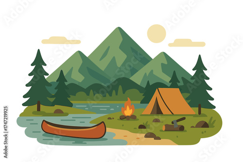 A glimpse of camp life amidst mountainous terrain, with a lakeside canoe