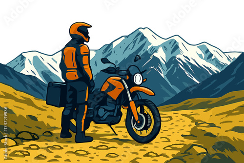 A solo motorcycle enduro rider with luggage stands on a yellow stone path, surrounded by towering snowy glaciers of the Altai mountains in Siberia, Russia