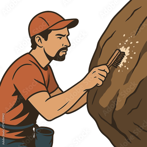 A close-up of a rock climber brushing away a boulder