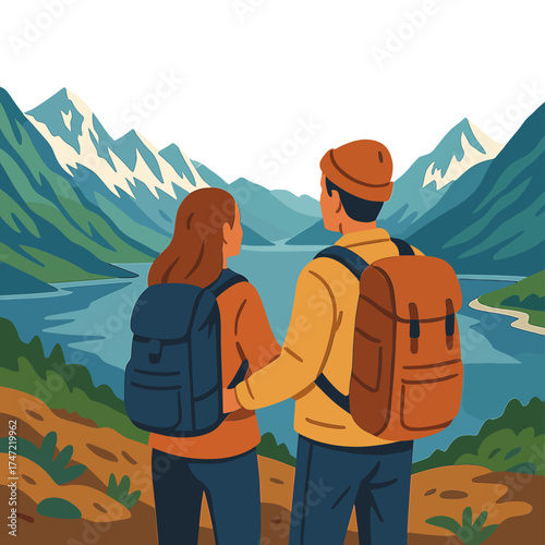 A man and woman couple relish the mountains and fjord scenery while on an active family adventure vacation, hiking with backpacks in Norway and exploring the Lyngen Alps for a healthy outdoor