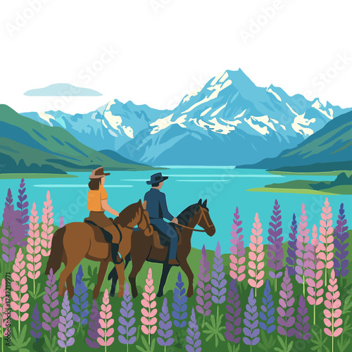 Horseback riders traverse a field of lupines, gazing at the stunning vistas of Mt Cook National Park in New Zealand, where the lupins reach full bloom from December to January, the summer season in
