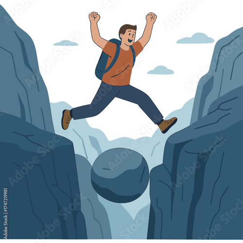 A man leaps over Kjeragbolten while traveling in Norway’s Kjerag mountains, embodying extreme vacation adventure, tourist joy, and a sense of success