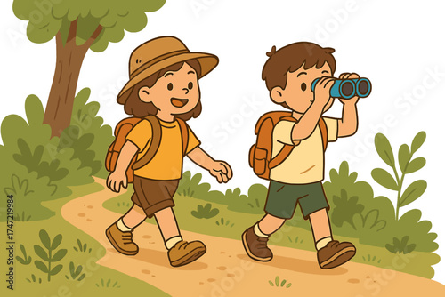 Kids hike in the backyard, carrying backpacks, along a forest trail, exploring and adventuring with toy binoculars