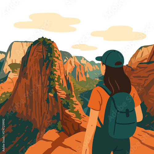 A young woman gazes at the breathtaking view from Angel's Landing in Zion National Park, embodying a travel and adventure concept