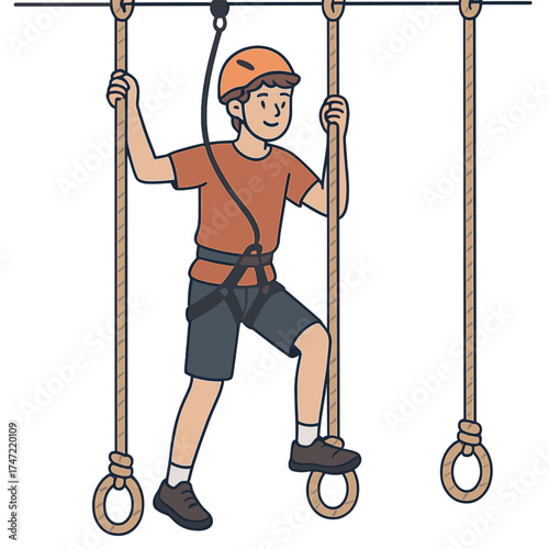 A teenage boy traverses a hanging rope obstacle on a treetop adventure park's ropes course