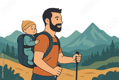 A father and his infant son explore mountainous regions, embarking on a travel adventure and hiking activity that promotes an active, healthy lifestyle