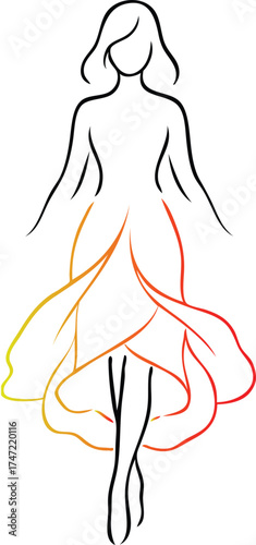 Fashion line art illustration of elegant woman in gradient orange dress, minimalist vector design