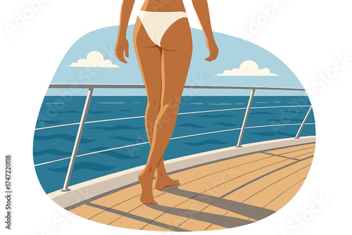 A woman in a white bikini strolls across the deck of a yacht during a summer sailing vacation, enjoying the ocean view, freedom, adventure, and fun