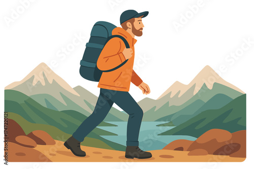 A solo traveling backpacker hiking through Scandinavian mountains embraces an active, healthy lifestyle, adventure, and vacation