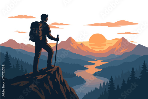 A fantasy adventure composite shows a man atop a mountain cliff, with a dramatic landscape backdrop at sunset or sunrise, set in British Columbia, Canada