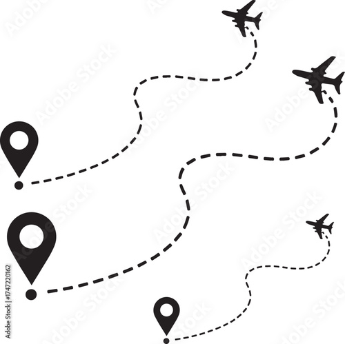 Airplane flight route with location pin. Plane path with dotted line. Travel and destination concept. Aircraft flying from start point
