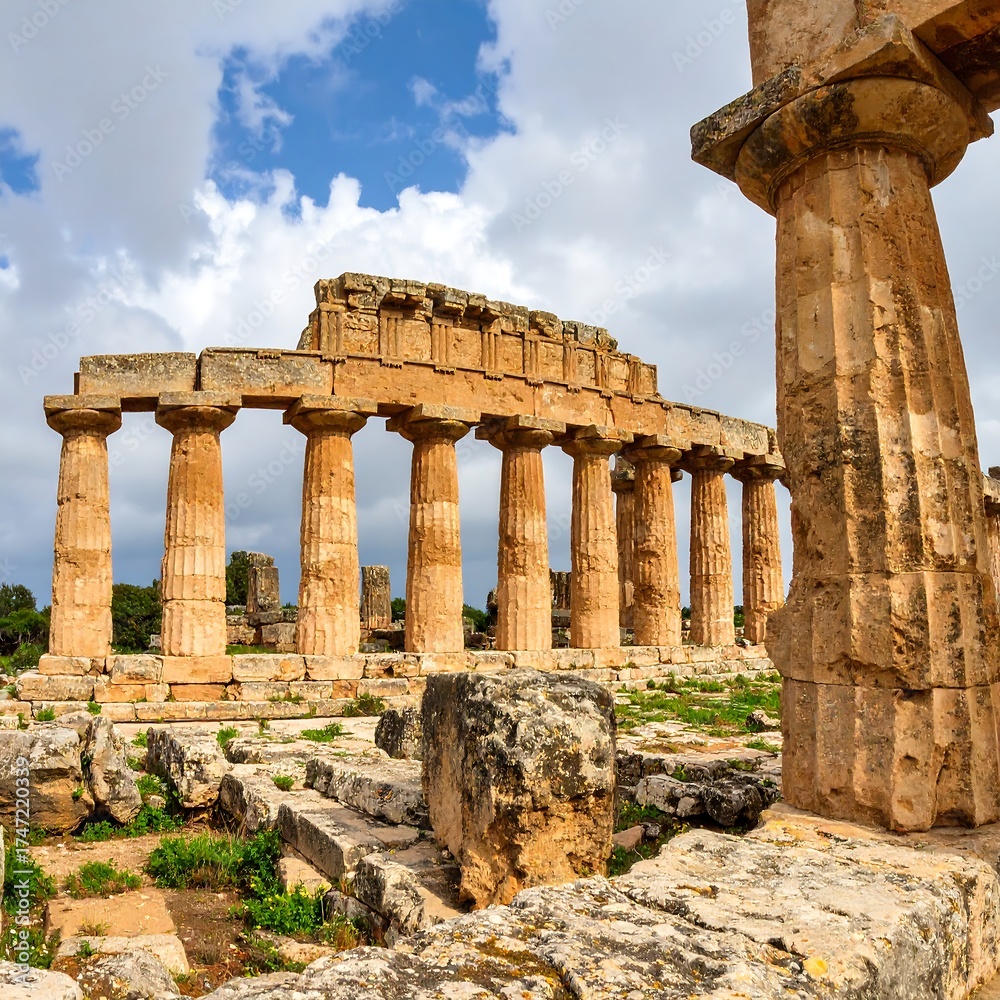 Fototapeta premium Ancient stone columns, archway, ruins, under dramatic sky