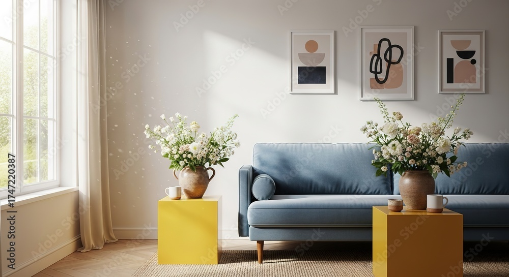 Fototapeta premium Sunlit Modern Living Room with Blue Sofa Yellow Side Tables Fresh White Flowers and Minimalist Art Decor.
