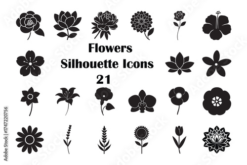 Flower Silhouette Icon Set – Botanical, Nature, and Floral Vector Graphics for Design and Decoration