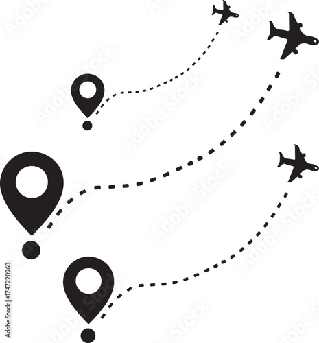Airplane flight path with location pin. Travel route icon with starting point and destination. Airline journey track, aircraft navigation symbol
