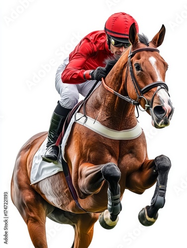 A determined jockey in a red racing outfit rides a powerful Cheltenham Bay horse, showcasing speed and agility during the race