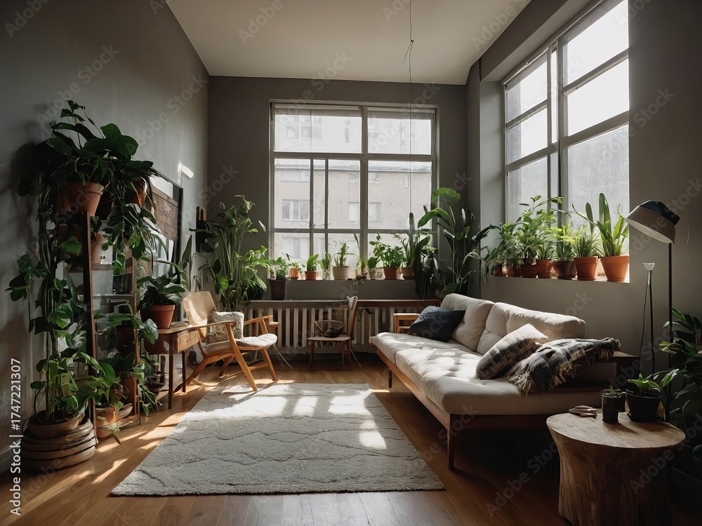 Fototapeta premium Cozy Green Living Space — Sunlit Apartment with Indoor Plants and Contemporary Decor