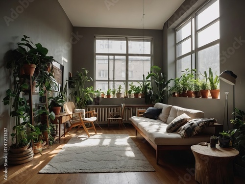 Cozy Green Living Space — Sunlit Apartment with Indoor Plants and Contemporary Decor