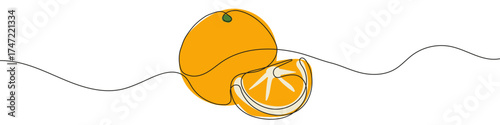 Orange in one line art style. Whole orange and slice drawing with editable black stroke and color on white background. Vector illustration.