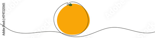 Orange in one line art style. Whole orange drawing with editable black stroke and color on white background. Vector illustration.