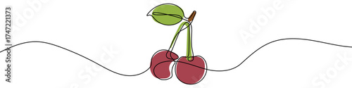 Cherry or Sweet Cherry in one line art style. Two berries on a stem with a leaf drawing with editable black stroke and color on white background. Vector illustration.