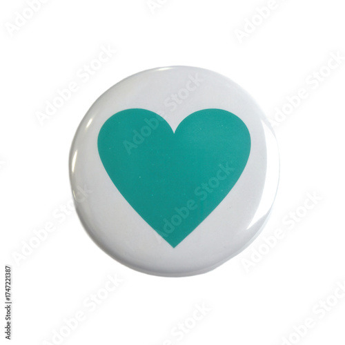Round button featuring large teal heart design on transparency background, perfect for expressing love and affection