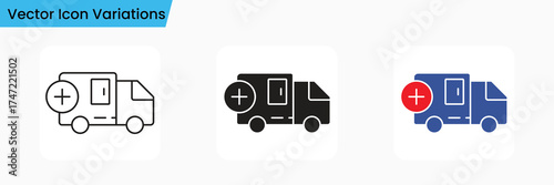 Medical Delivery Truck Icon Set Outline, Solid, and Color Variants for Emergency and Health UI Design