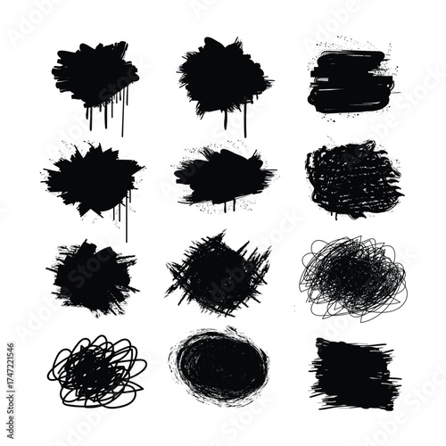 Collection of twelve distinct black ink splatters and brush stroke textures on a white background