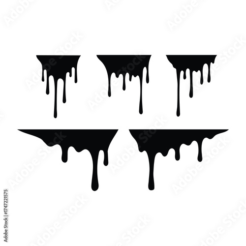 Set of five black dripping paint splatters and stains isolated on white background