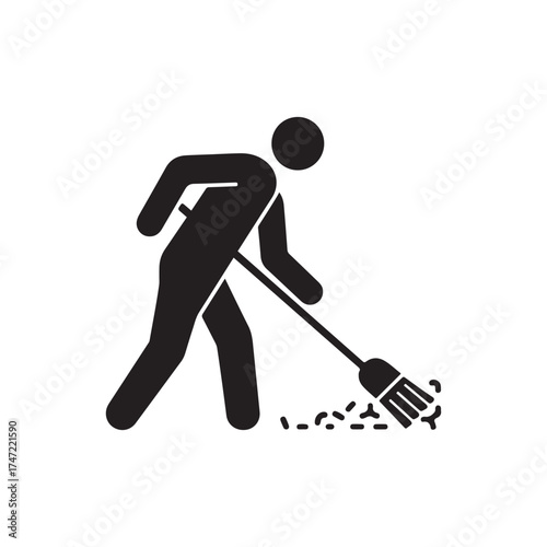 Man Sweeping Floor Silhouette Icon – Minimalist Cleaning Worker Symbol for Housekeeping, Janitor, and Maintenance Concept