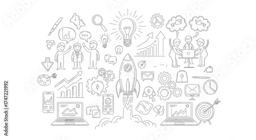 Business Startup Doodles: A visually dynamic sketch illustrating a range of startup elements. Conveying the essence of innovation, collaboration, and growth.