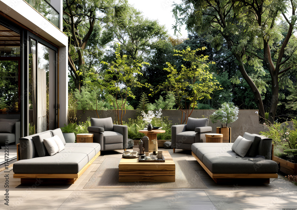 Fototapeta premium Cozy outdoor lounge features stylish gray furniture surrounded by vibrant plants, providing a peaceful space to relax and enjoy nature during sunny weather