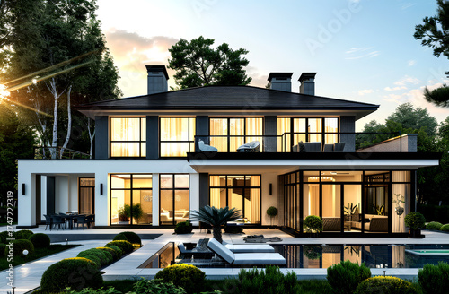 Beautiful modern luxury villa features large windows, outdoor seating area, and a serene garden, all illuminated by the warm glow of the setting sun