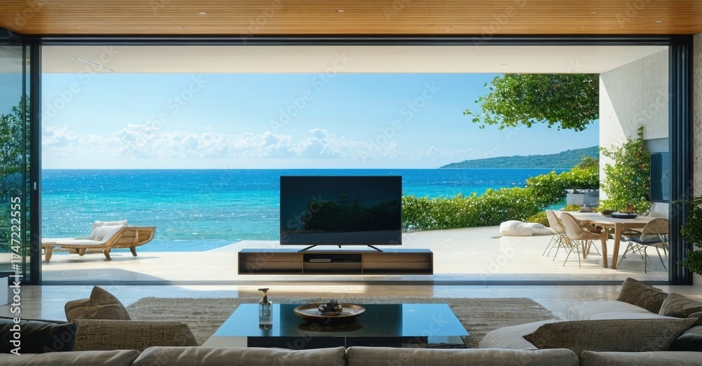 Fototapeta premium Glossy dark panel tv off mounted in open plan villa with sea wind flowing
