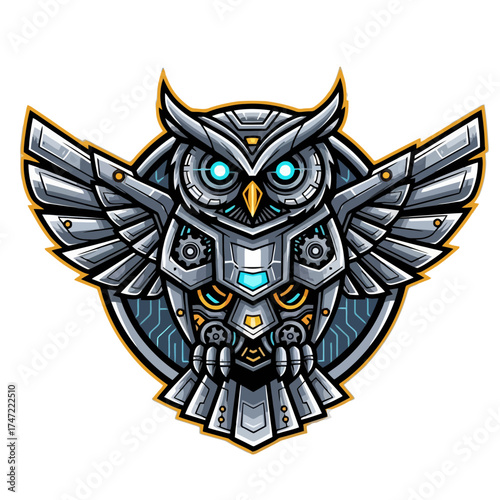 Futuristic robotic owl emblem design, perfect for gaming streams, tech logos, or modern brand identities, showcasing innovation and cutting edge technology