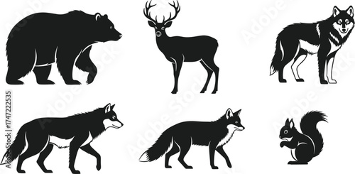 Forest animal silhouettes, bear deer wolf fox squirrel, black wildlife icons, editable vector shapes, nature illustration, flat vector illustration
