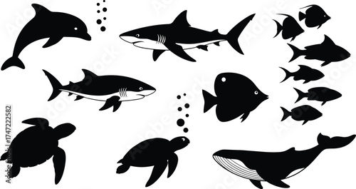 Silhouette sea animals, marine life vector, ocean creatures illustration, black aquatic icons, underwater wildlife set, flat vector illustration