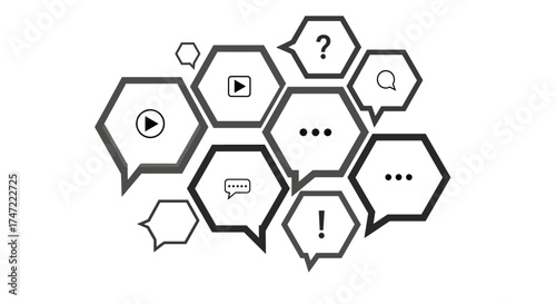 Social media communication bubbles with play button question mark and exclamation point icons vector design
