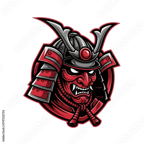 Intense samurai warrior mask with sharp detail, evoking strength, tradition, and power, perfect for gaming logos, apparel designs, or historical themes