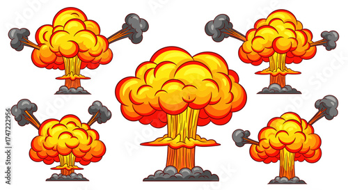 Cartoon explosion mushroom cloud vector illustration set atomic bomb blast effect fire smoke danger destruction
