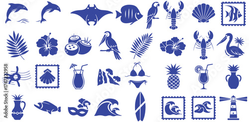 Tropical Blue Icons Vector Set Illustration Dolphin Fish Parrot Lobster Pineapple Beach Summer Vacation Exotic