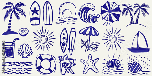 Collection of hand drawn blue ink summer beach vacation icons and symbols on a light background