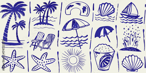 Hand drawn blue ink summer vacation doodles of palm trees beach chairs umbrellas seashells and a sailboat on a cream background