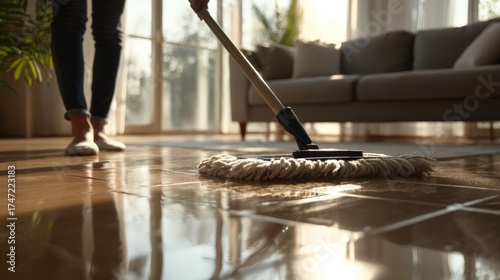 Wallpaper Mural Sparkling floors at home cleaning with a mop in a sunlit living room for a fresh and inviting atmosphere, perfect for home improvement concepts Torontodigital.ca