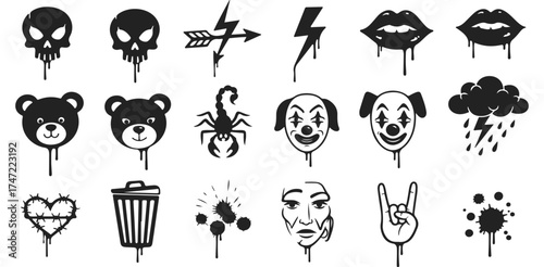 Monochrome Drip Vector Art Skull Lightning Bolt Lips Bear Scorpion Clown Raincloud Heart Trash Face Hand Illustration